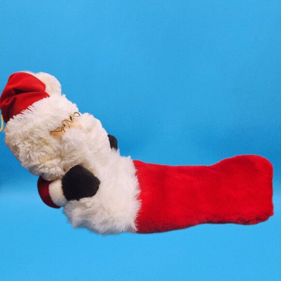 Vintage 1990s Santa Plush Stocking Furry Santa Face Gold Glasses Plaid Bow 26" - Picture 7 of 11